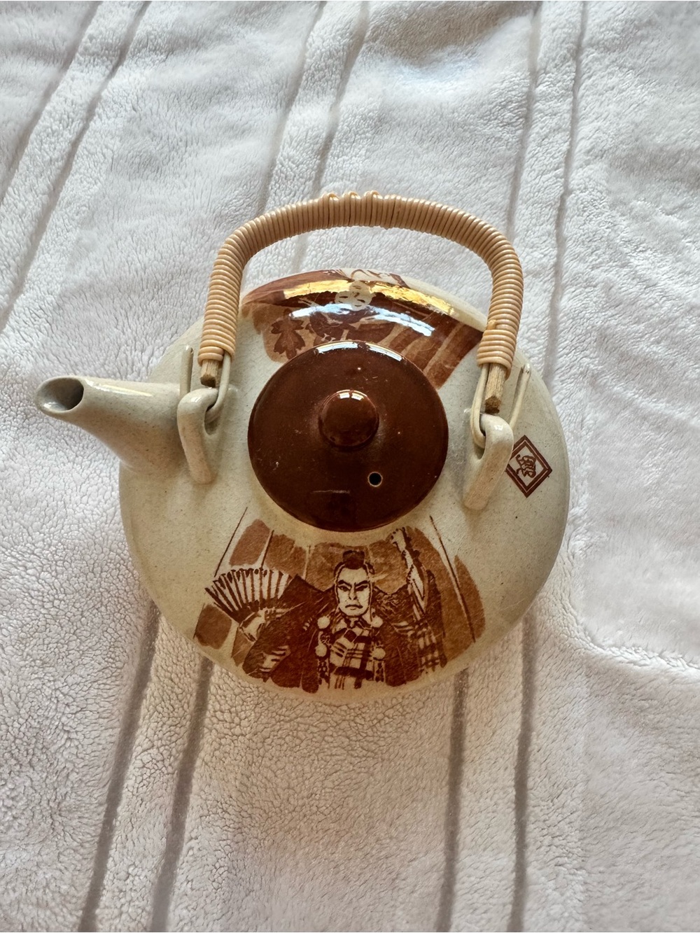 Asian Ceramic Teapot with Brown Warrior Motif